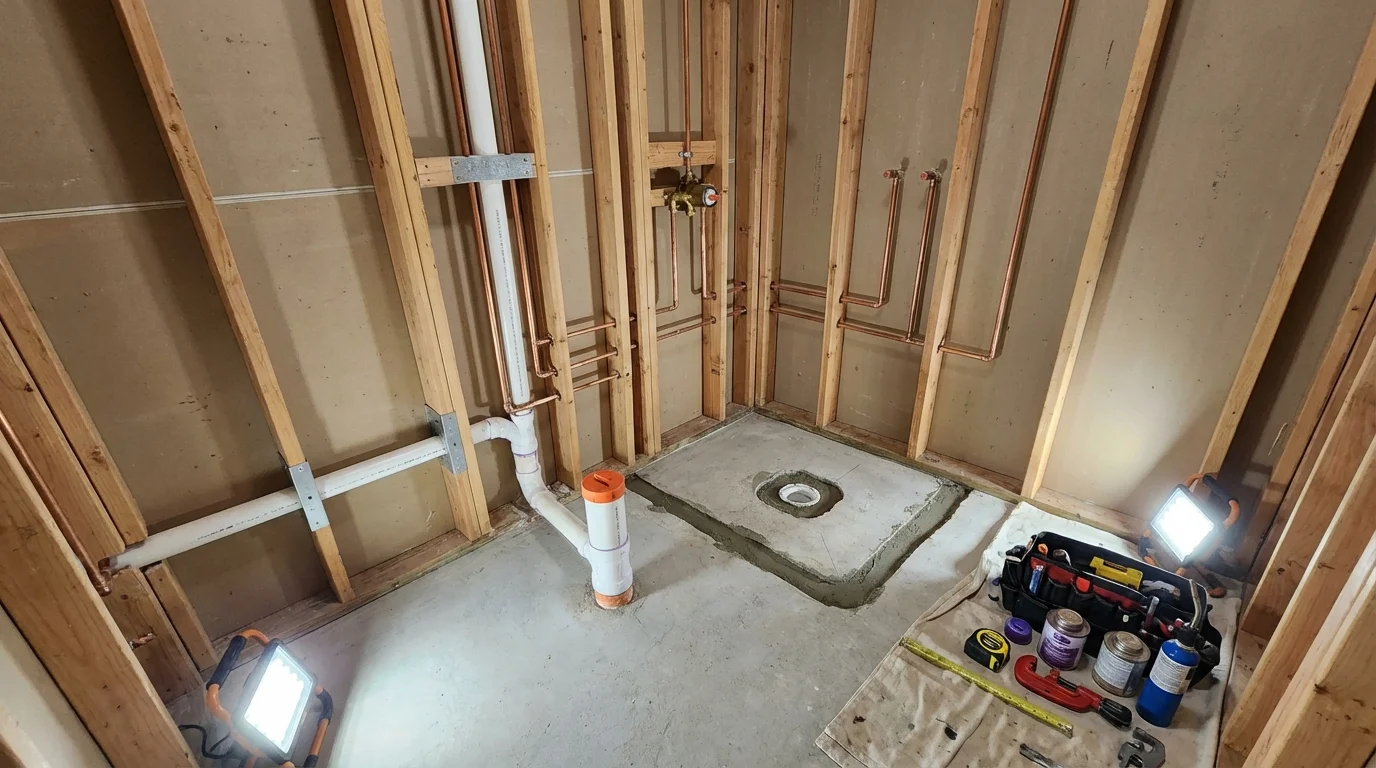 Bathroom rough-in plumbing during remodel by Johns Plumbing LLC in Ore City