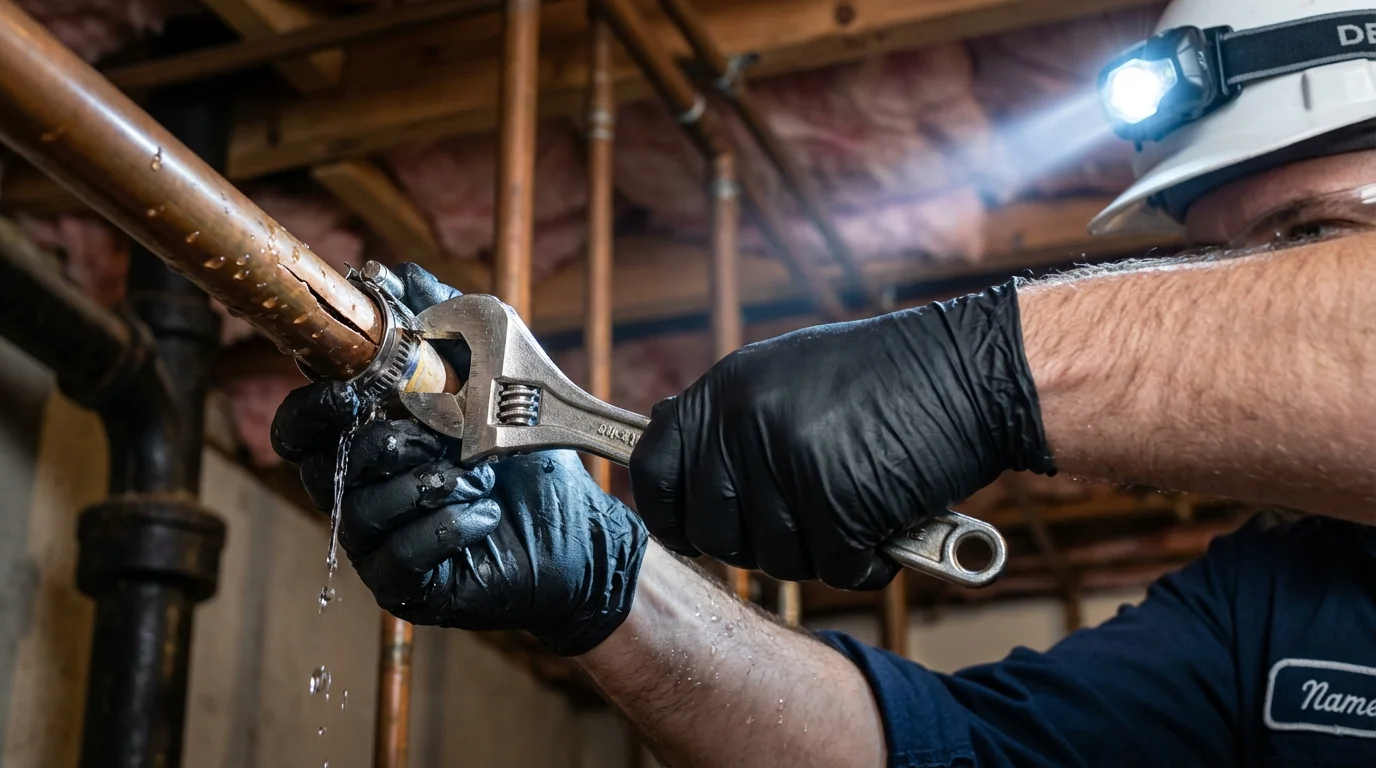 Emergency pipe clamp repair being performed by a Johns Plumbing LLC plumber in Ore City