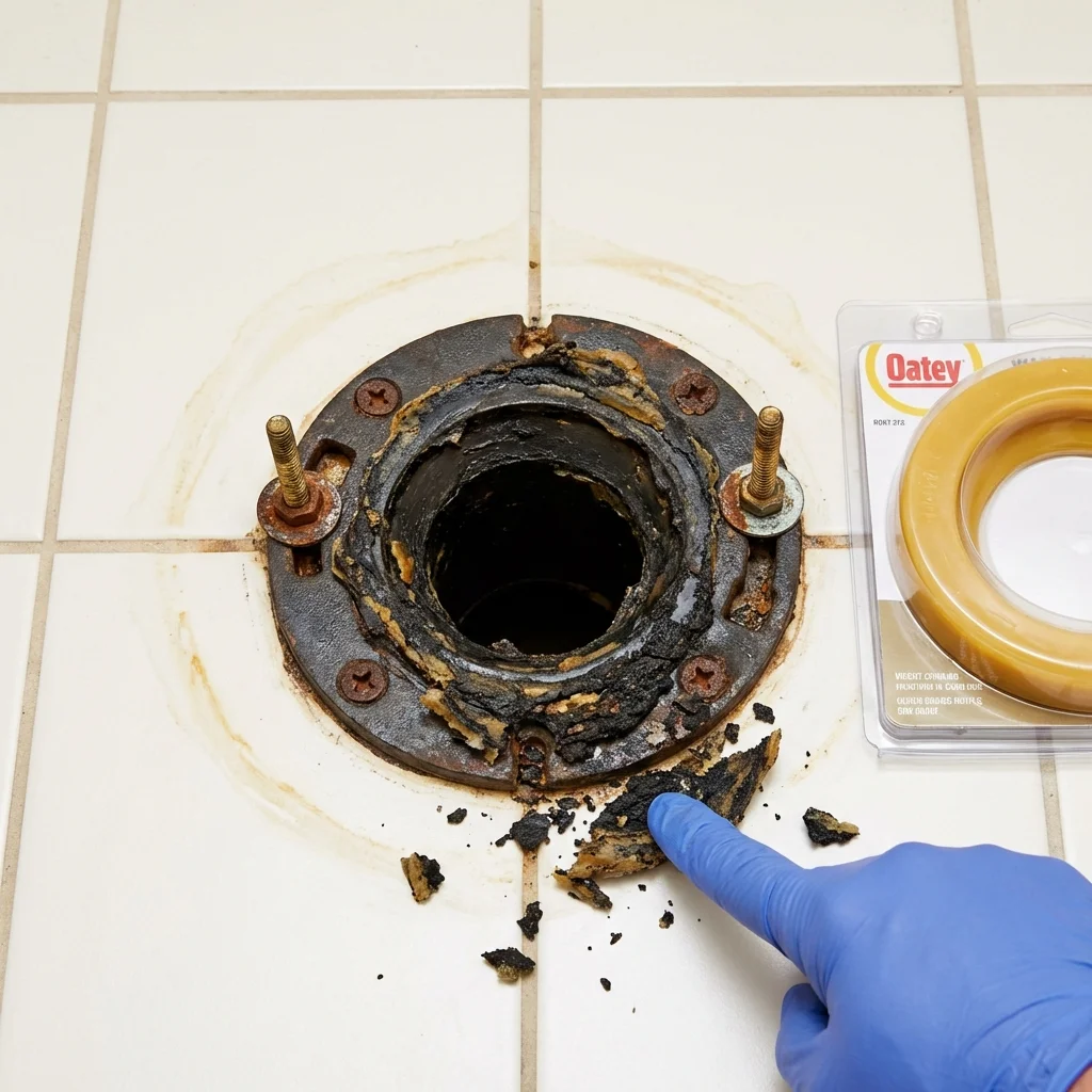 Failed wax ring showing water seepage at the base of a toilet in a Ore City, TX home
