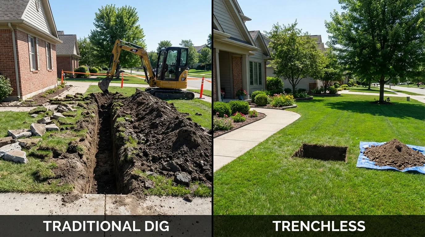 Trenchless sewer repair with minimal yard damage versus traditional excavation in Ore City, TX