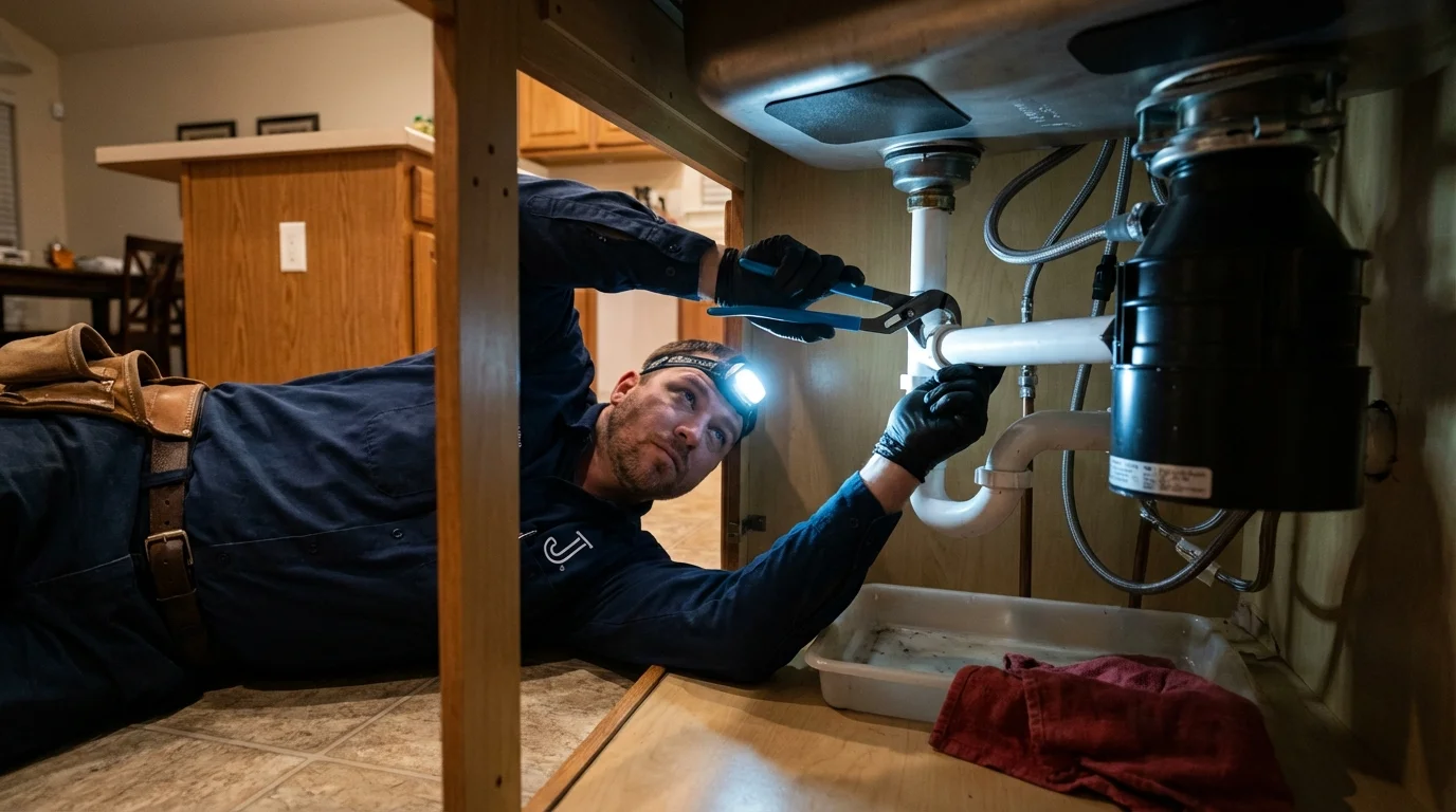 P-trap and supply line connections under a kitchen sink showing a common leak point in Ore City, TX